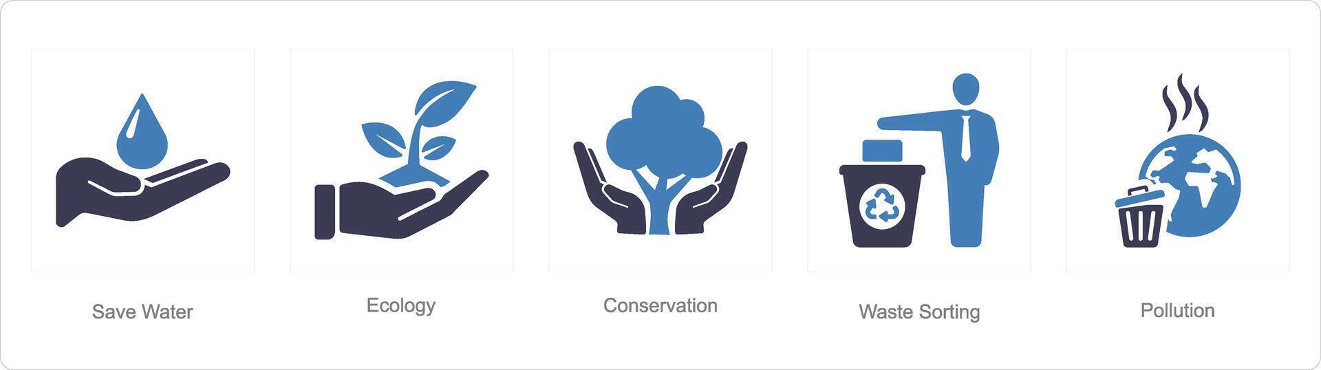 un' impostato di 5 ecologia icone come Salva acqua, ecologia, conservazione vettore
