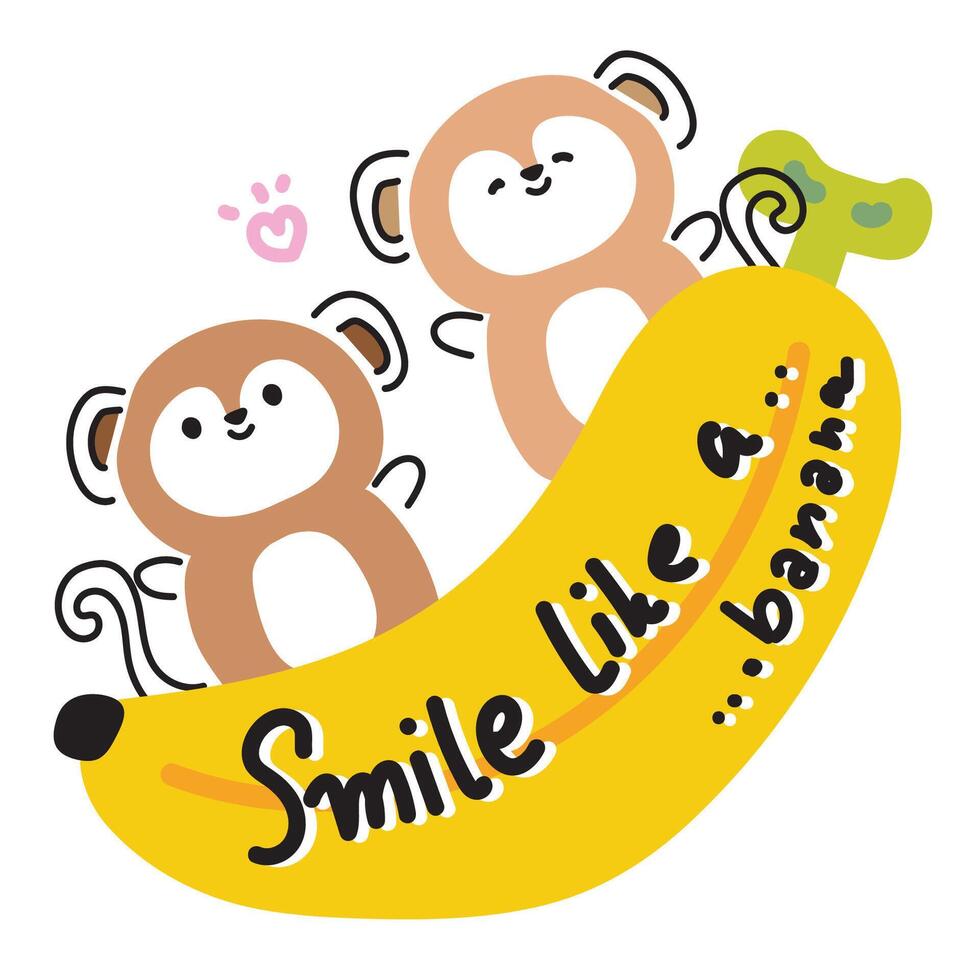 carino scimmia saluto con Banana su bianca sfondo.linea mano disegnato stile.selvaggio animale carattere cartone animato design.fruit.quotes.kawaii.vettore.illustrazione. vettore