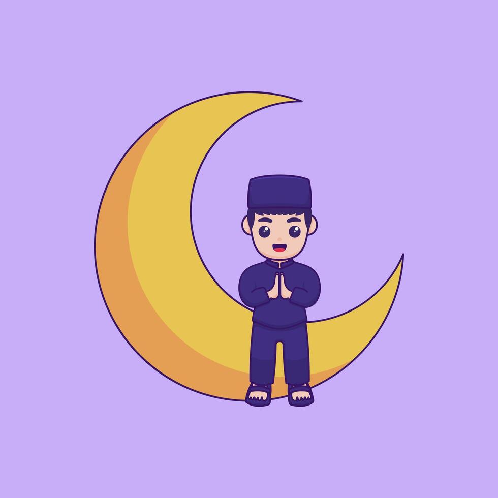 vettore illustrazione di un' personaggio seduta su un' mezzaluna Luna e fabbricazione il gesto di salam. Ramadan kareem design concetto
