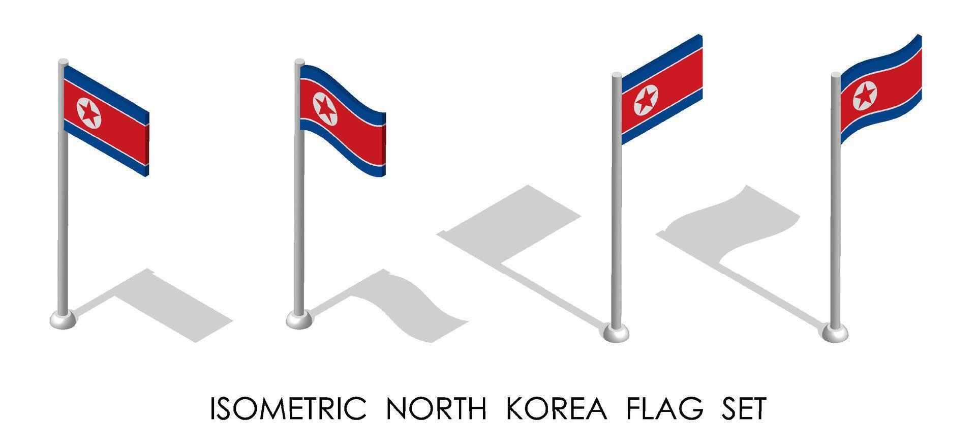 isometrico bandiera di Corea del Nord, nord Corea nel statico posizione e nel movimento su pennone. 3d vettore
