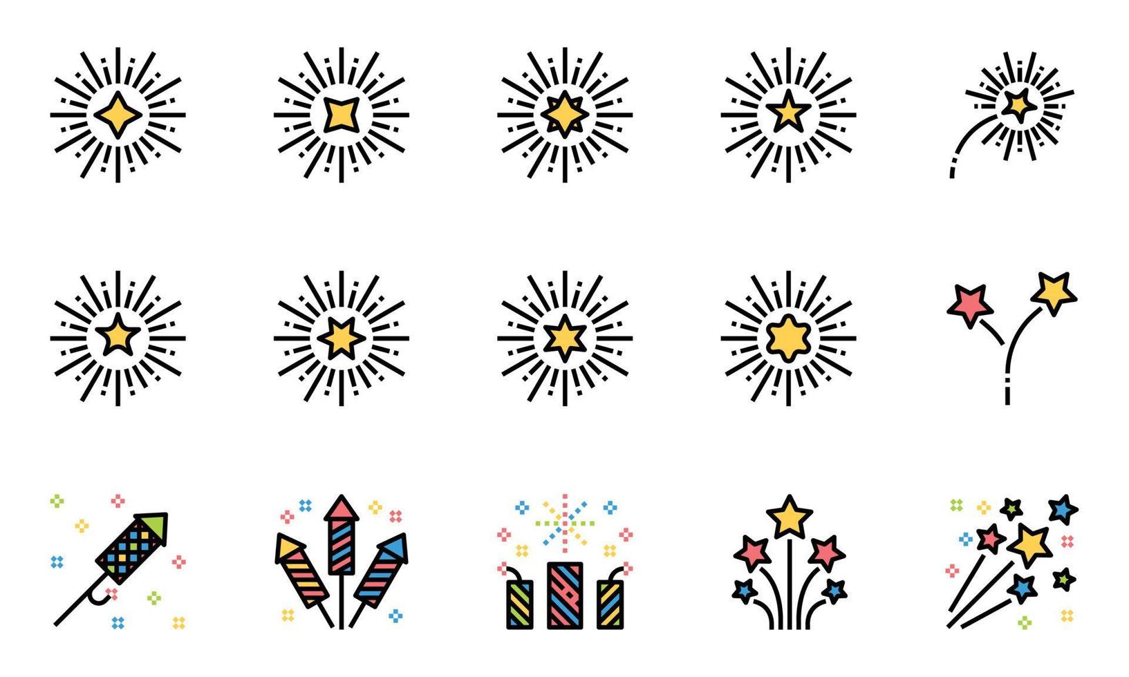 linea di fuochi d'artificio icone a colori illustrazione vettoriale , celebrazione, scintillio, festa, capodanno