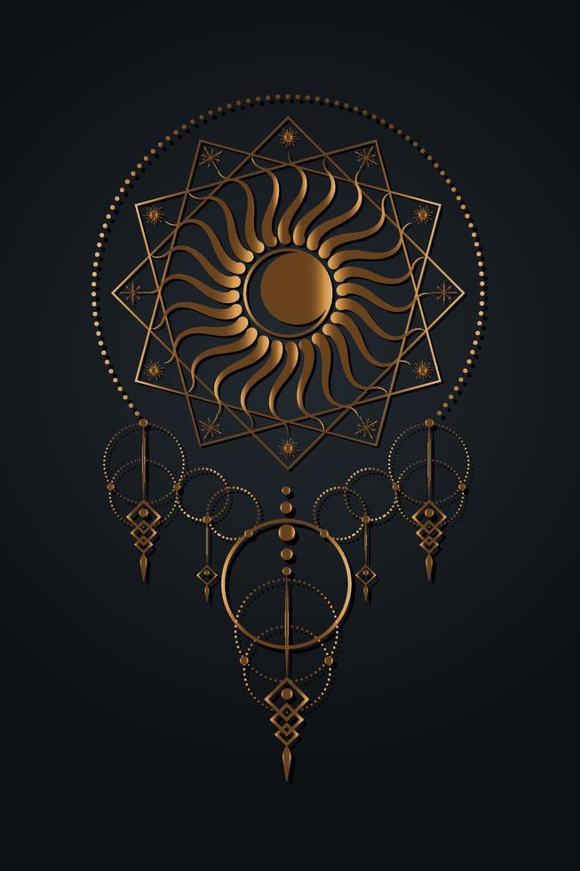 modello logo luna e sole, geometria sacra, stile boho, icona wicca oro, simbolo raggi radiali, concetto di stile tatuaggio dio e dea, simbologia massonica, vettore isolato su sfondo nero