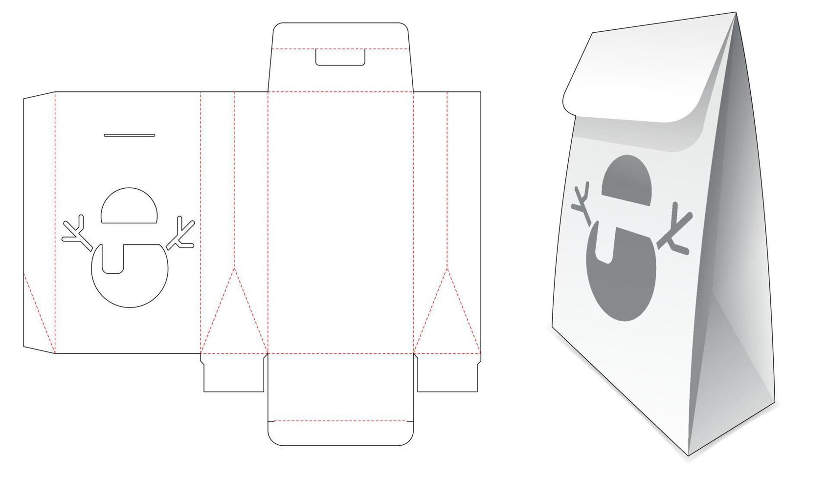 scatola di imballaggio del sacchetto di cartone con modello fustellato finestra pupazzo di neve vettore
