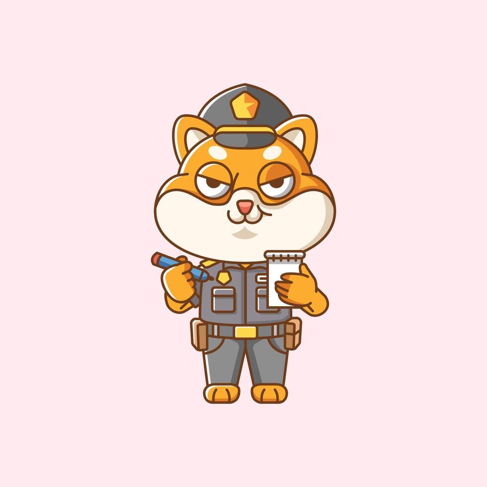 carino shiba inu cane polizia ufficiale uniforme cartone animato animale personaggio portafortuna icona piatto stile illustrazione concetto vettore