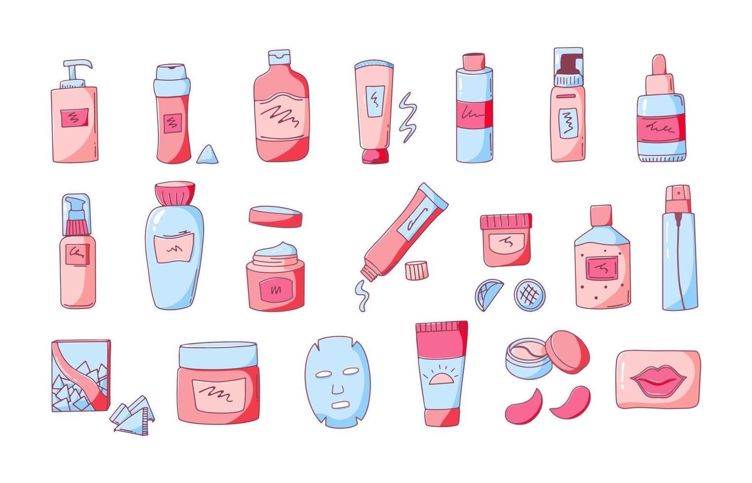 set disegnato a mano di prodotti di bellezza per la cura della pelle. elementi di design cosmetico coreano. raccolta di icone colorate isolate su sfondo bianco illustrazione vettoriale