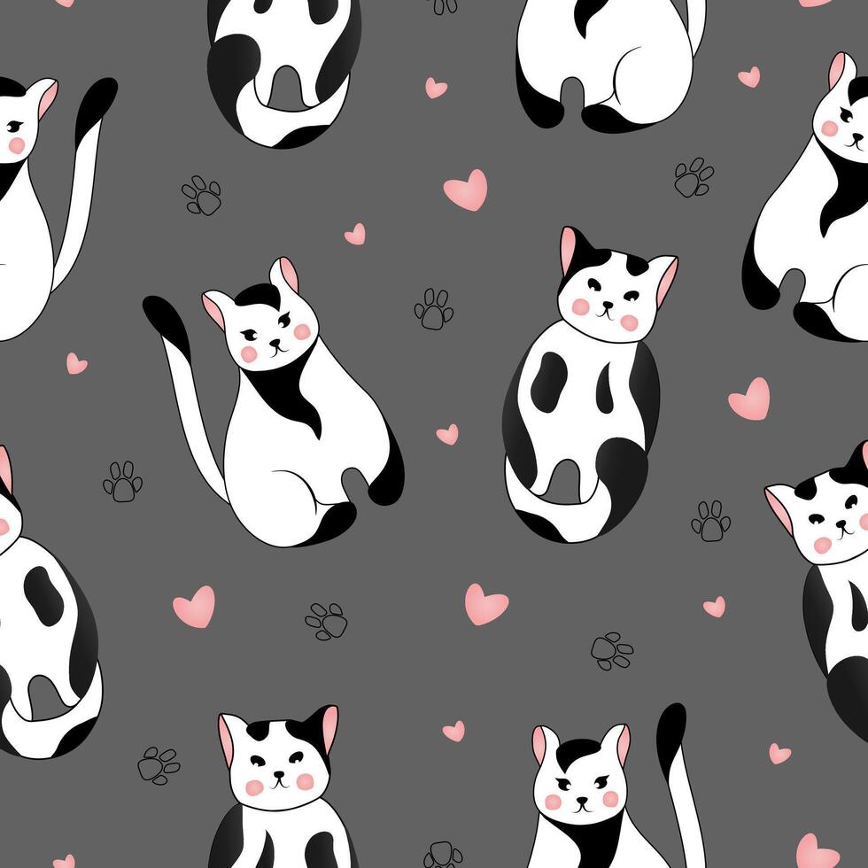 senza soluzione di continuità modello con molti diverso nero e bianca gatti su grigio sfondo. vettore illustrazione per bambini.