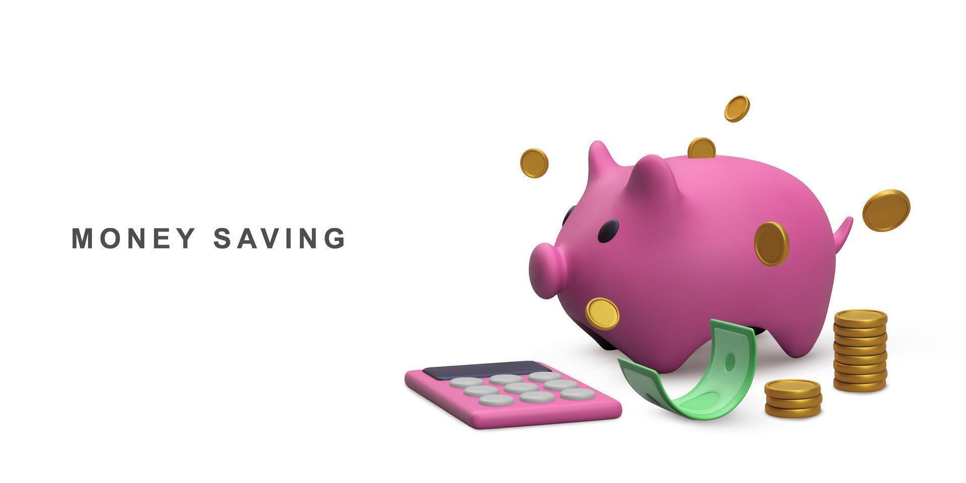 3d realistico rosa porcellino banca con calcolatrice e oro monete verde carta valuta.vettore illustrazione. vettore