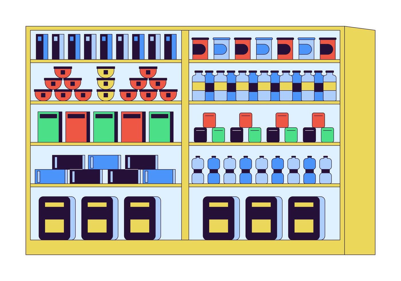 supermercato scaffali 2d lineare cartone animato oggetto. drogheria memorizzare cremagliera isolato linea vettore elemento bianca sfondo. generi alimentari Prodotto Schermo. negozio derrata alimentare merchandising colore piatto individuare illustrazione