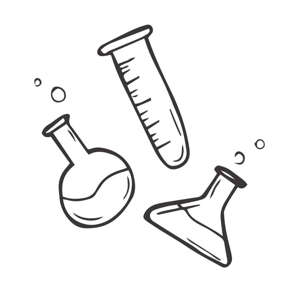 impostato di laboratorio cristalleria volumetrica borraccia, erlenmeyer borraccia, fondo tondo borraccia, fernbach borraccia, petri piatto, test tubo, laureato cilindro, e coppa vettore