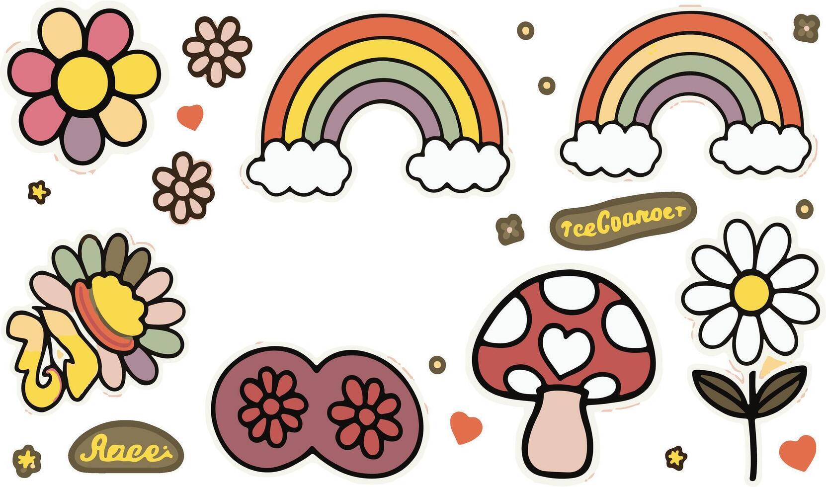 un' impostato di fricchettone retrò arcobaleno psichedelico elementi un' collezione di groovycool clipart a partire dal il 70s vettore