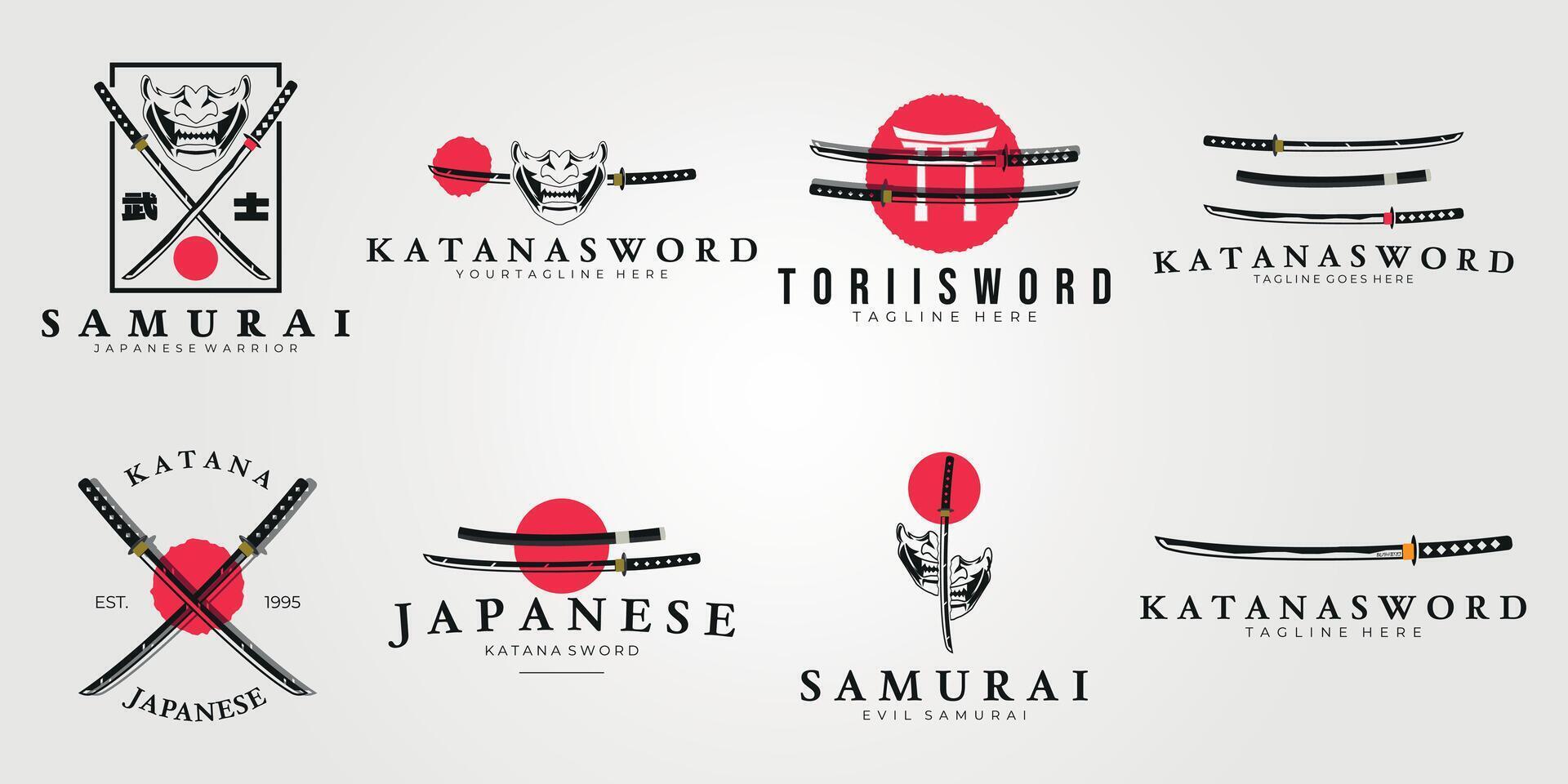 impostato in bundle katana samurai iconico simbolo logo vettore illustrazione progettazione, pacchetto collezione giapponese spada di katana retrò e moderno logo concetto vettore illustrazione design