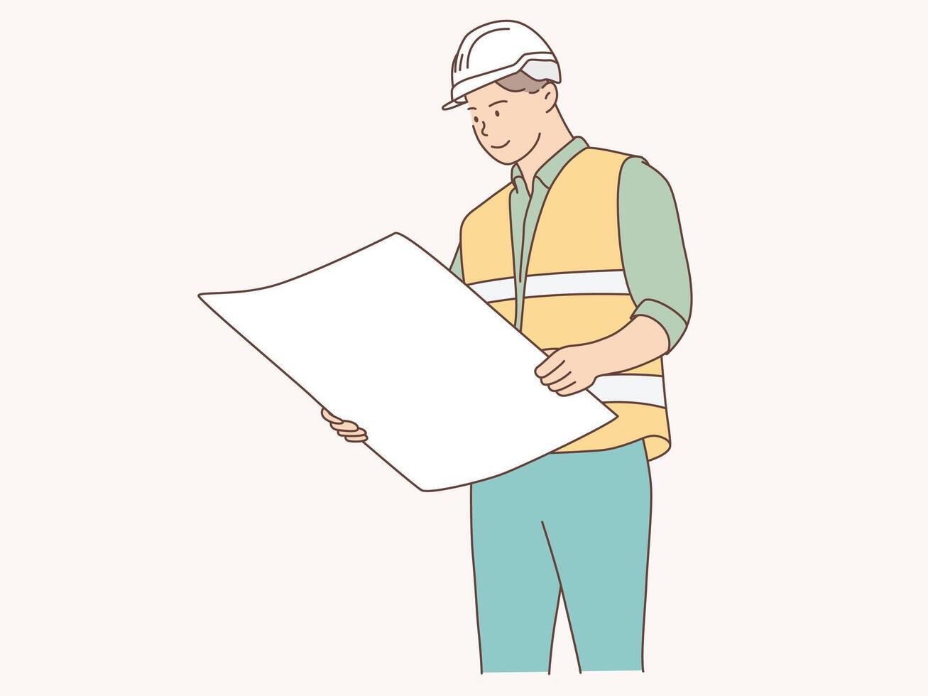 maschio ingegnere indossare gilet,guardando a schizzo. mano disegnato stile vettore design illustrazione.