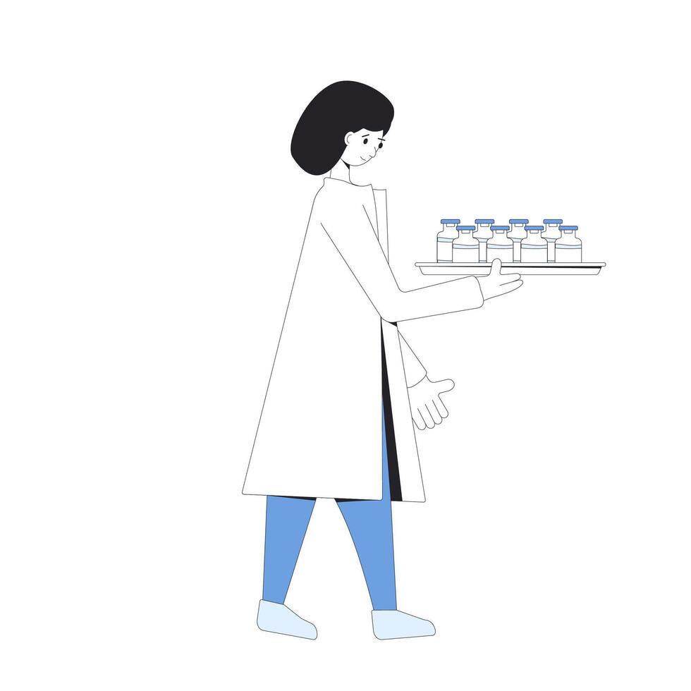 dottore, medico. femmina personaggio indossare nel uniforme in piedi con vaccini isolato su un' bianca sfondo. medico personale. infermiera. vettore linea arte illustrazione.