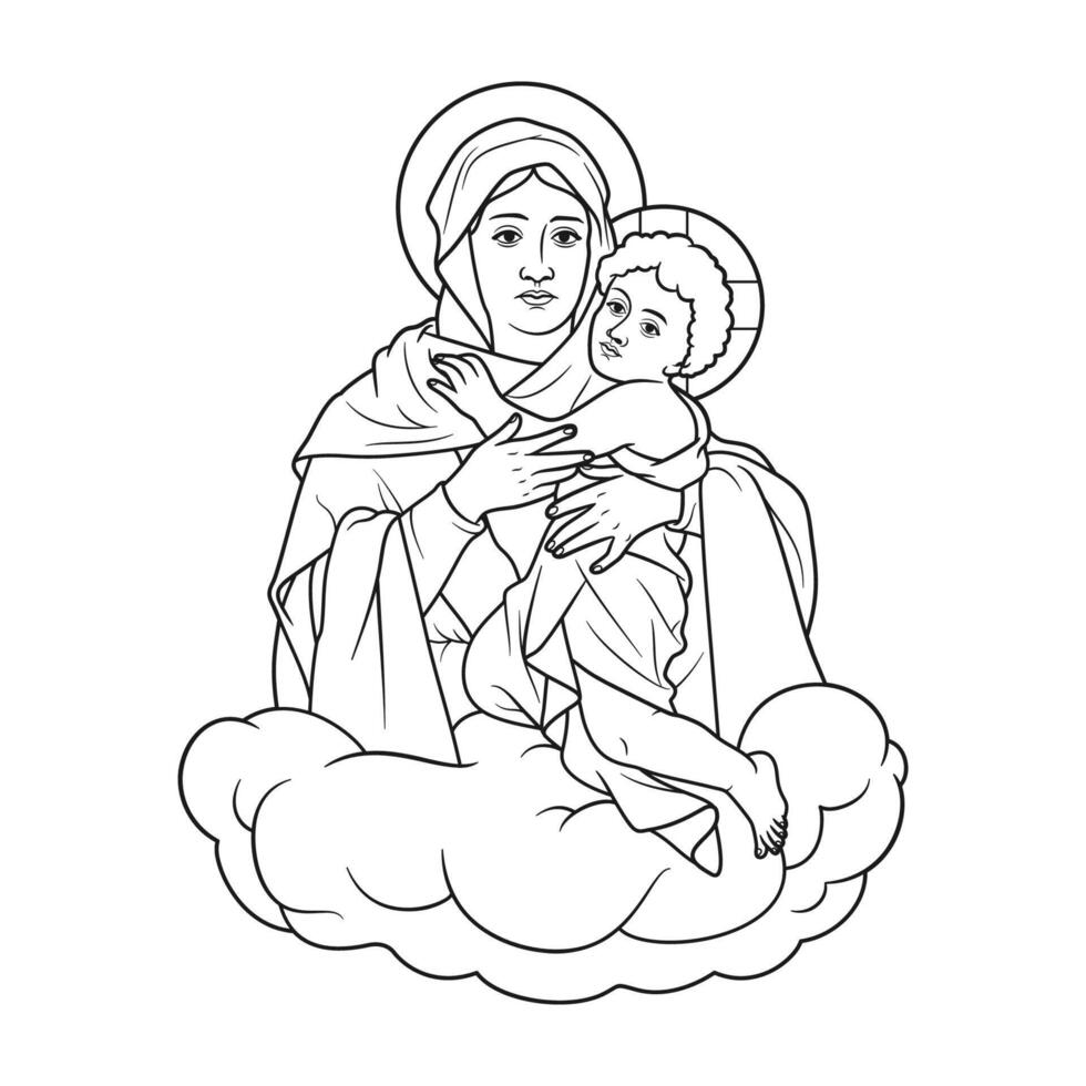 nostro signora madre Regina e vincitore tre volte ammirevole con bambino Gesù vettore illustrazione monocromatico schema
