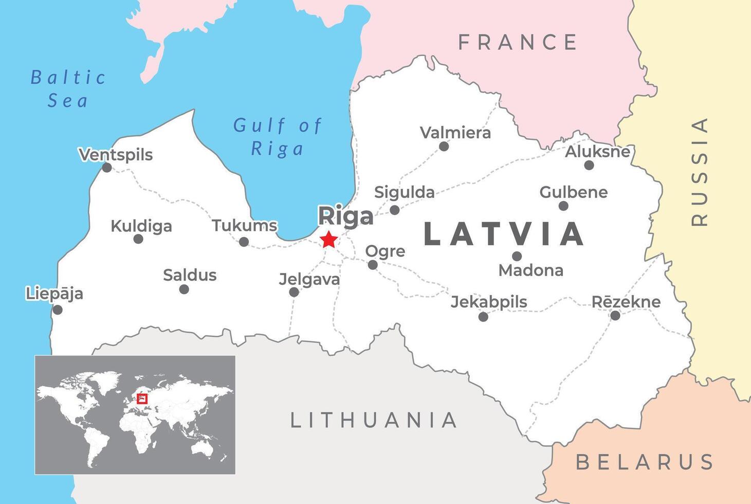 Lettonia politico carta geografica con capitale riga, maggior parte importante città e nazionale frontiere vettore