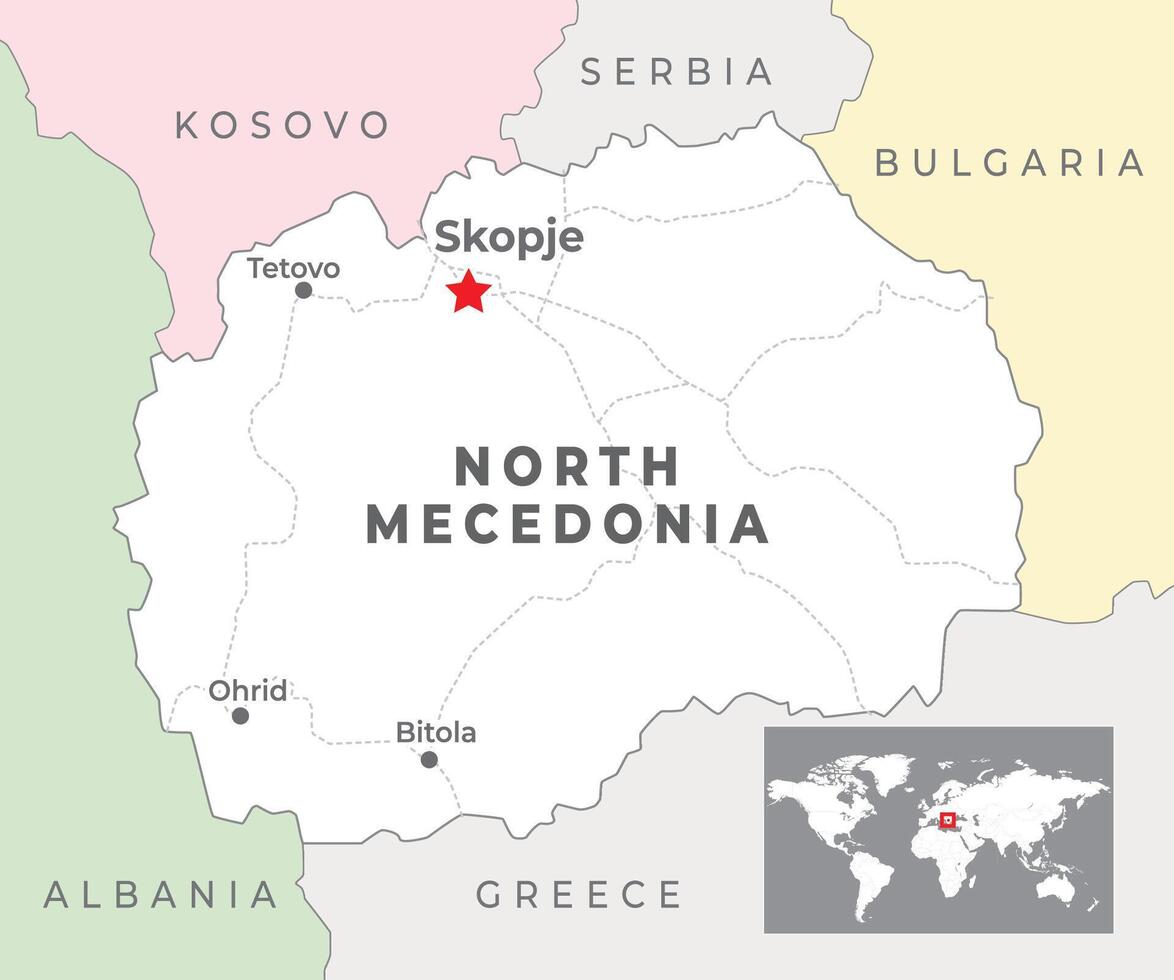 nord macedonia politico carta geografica con capitale Skopje, maggior parte importante città e nazionale frontiere vettore