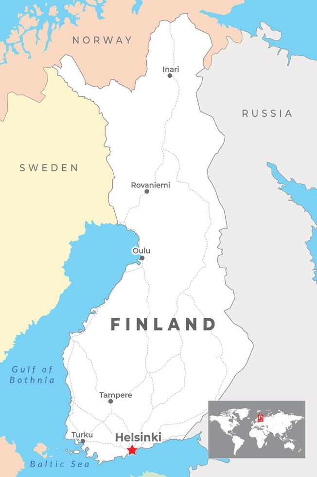 Finlandia politico carta geografica con capitale Helsinki, maggior parte importante città e nazionale frontiere vettore