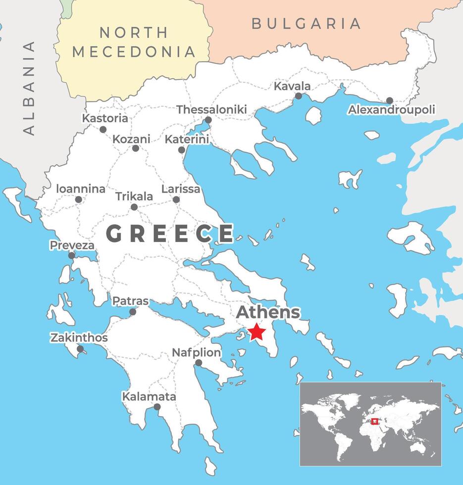 Grecia politico carta geografica con capitale Atene, maggior parte importante città e nazionale frontiere vettore