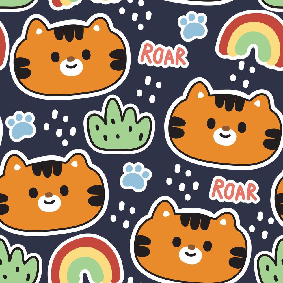 senza soluzione di continuità modello di carino tigre viso testa background.jugle.roar,arcobaleno,erba,zampa mano disegnato.selvaggio animale personaggio cartone animato design.kawaii.vettore.illustrazione. vettore