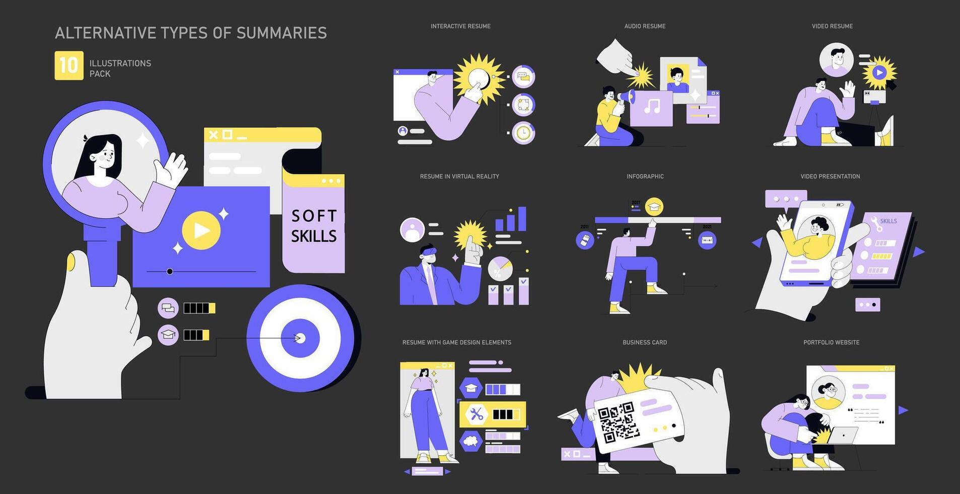 innovativo curriculum vitae impostato cattura il Evoluzione di professionale riassunti.. vettore illustrazione.