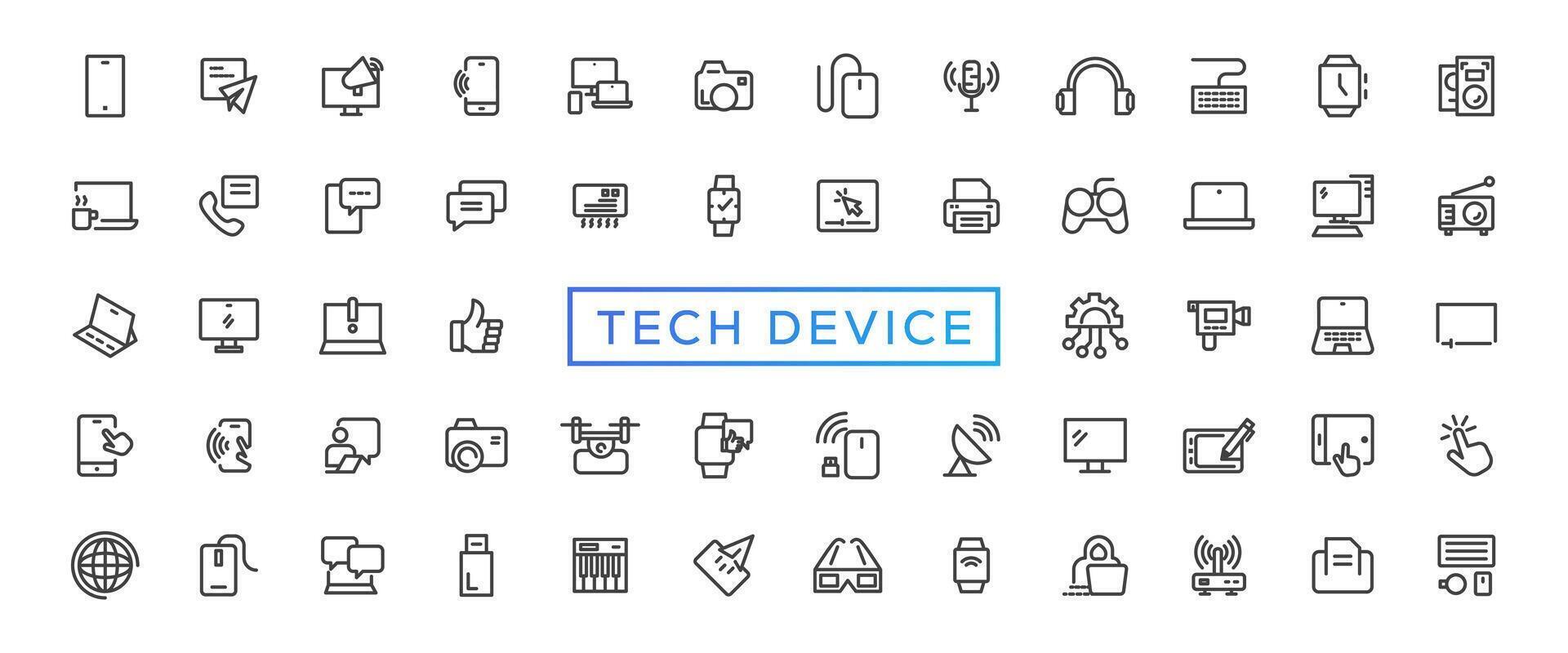 Tech dispositivo magro Linee piatto icona solido stile, isolato semplice comunicazione icona impostato, facile per modificare colore e dimensione, dispositivo e tecnologia ragnatela icona nel vettore formato