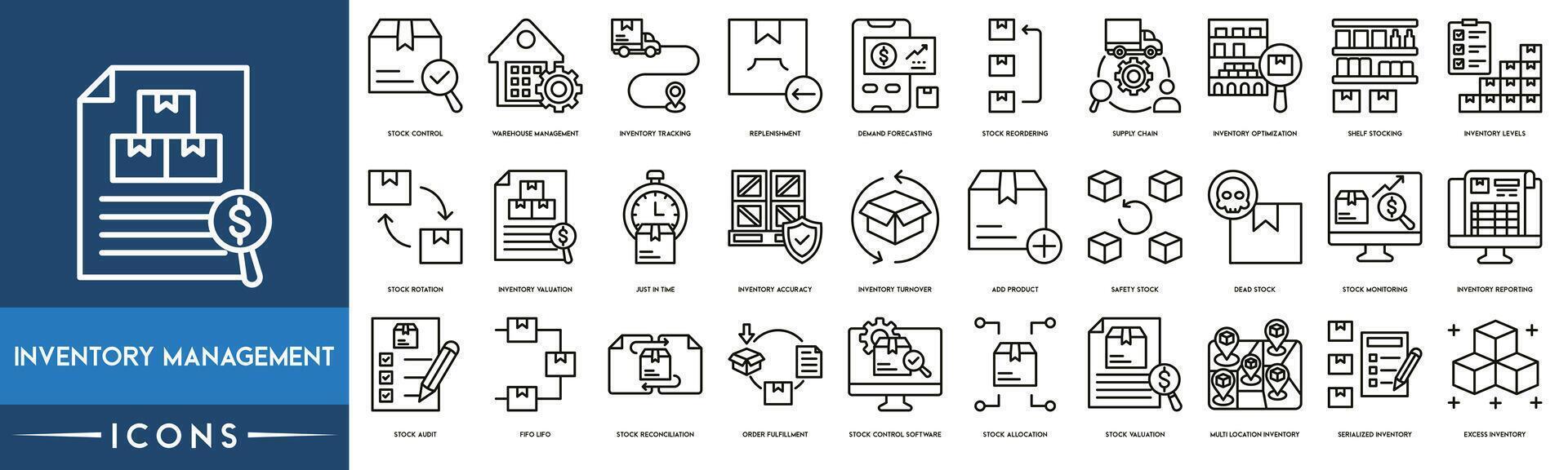 inventario gestione icona. azione controllo, magazzino gestione, inventario tracciamento, rifornimento, richiesta previsione, azione riordino, fornitura catena e inventario ottimizzazione icona impostare. vettore