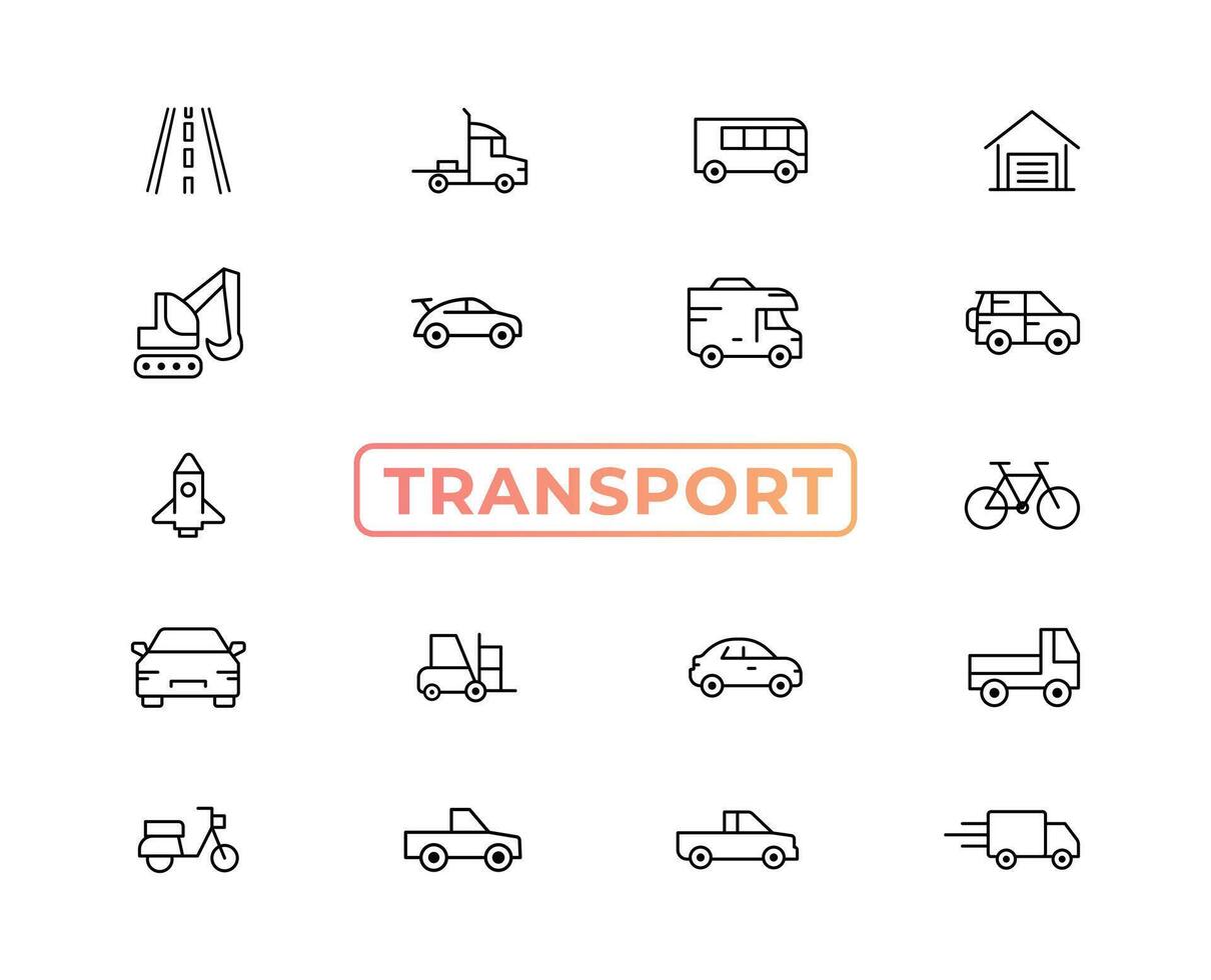 elementi di trasporto, veicolo e consegna - set di icone web linea sottile minima. raccolta di icone di contorno. semplice illustrazione vettoriale. vettore