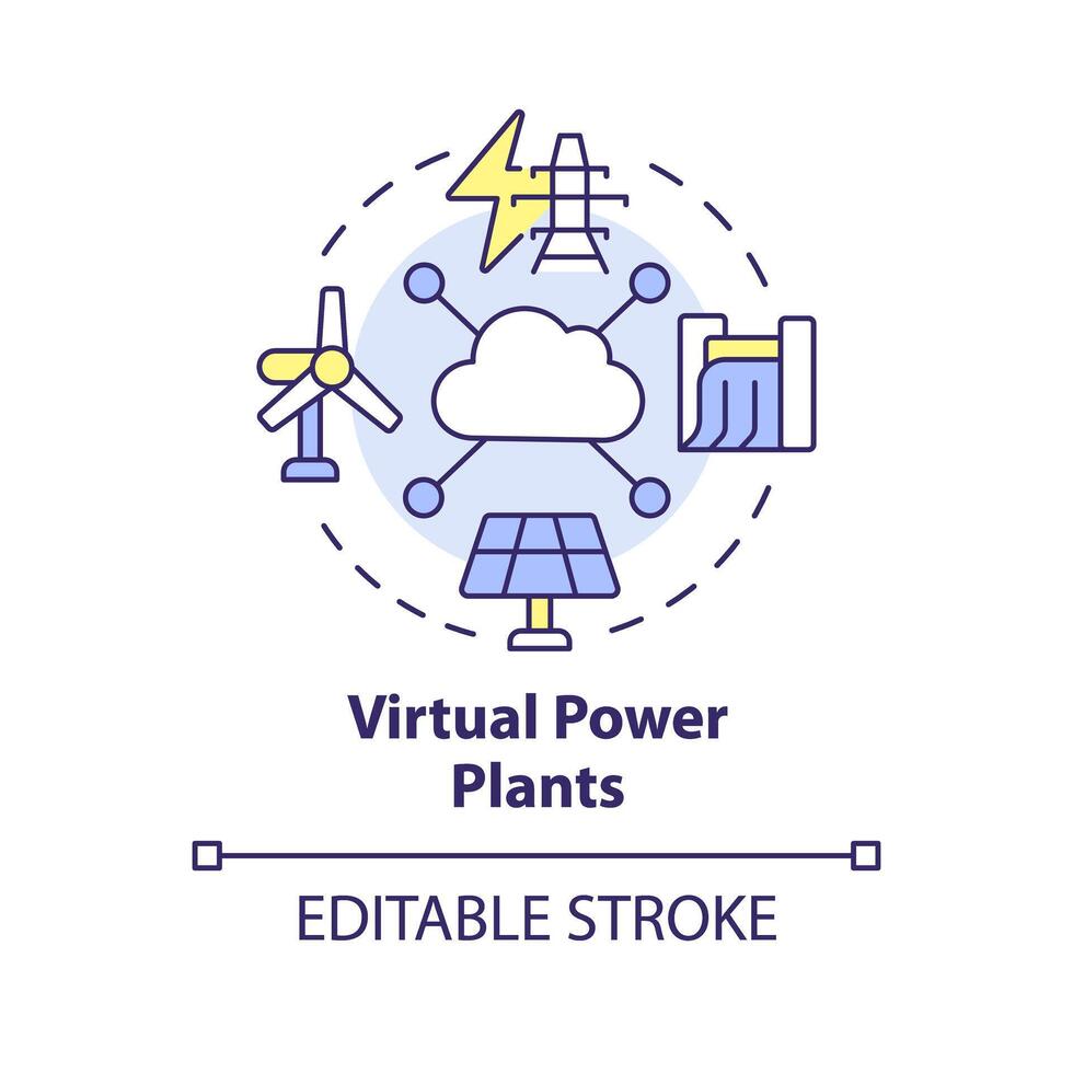 virtuale energia impianti Multi colore concetto icona. ecofriendly generazione strutture. rinnovabile energia parchi. il giro forma linea illustrazione. astratto idea. grafico design. facile per uso nel opuscolo, opuscolo vettore