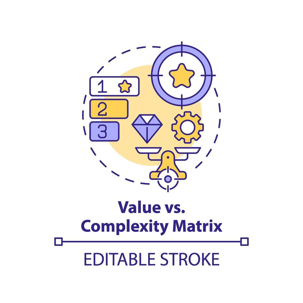 valore vs complessità Multi colore concetto icona. progetto gestione. il giro forma linea illustrazione. astratto idea. grafico design. facile per uso nel infografica, promozionale Materiale, articolo, blog inviare vettore