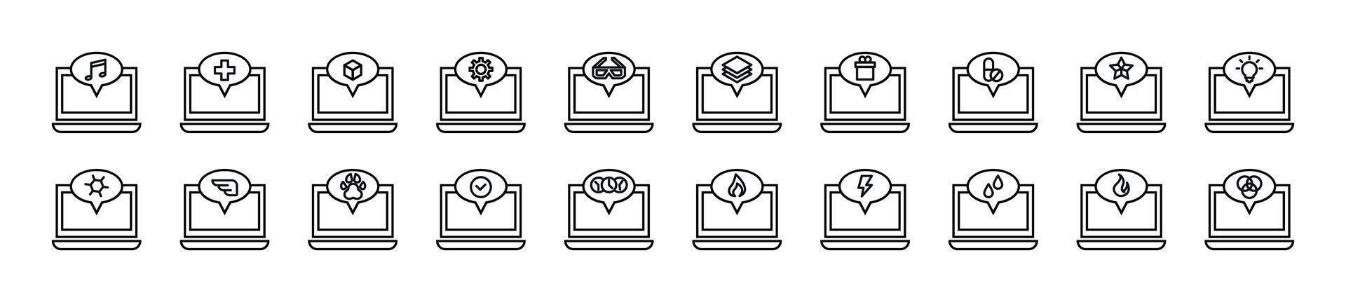 il computer portatile e discorso bollalineare vettore icone collezione. modificabile ictus. semplice lineare illustrazione per ragnatela siti, giornali, articoli libro