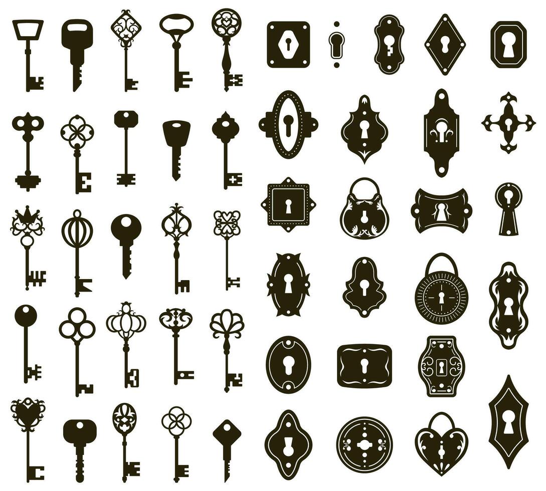 chiavi e buchi della serratura. Vintage ▾ Casa porta chiavi e buchi della serratura, decorativo chiavi sagome vettore illustrazione impostare. antico e moderno chiavi scheletro