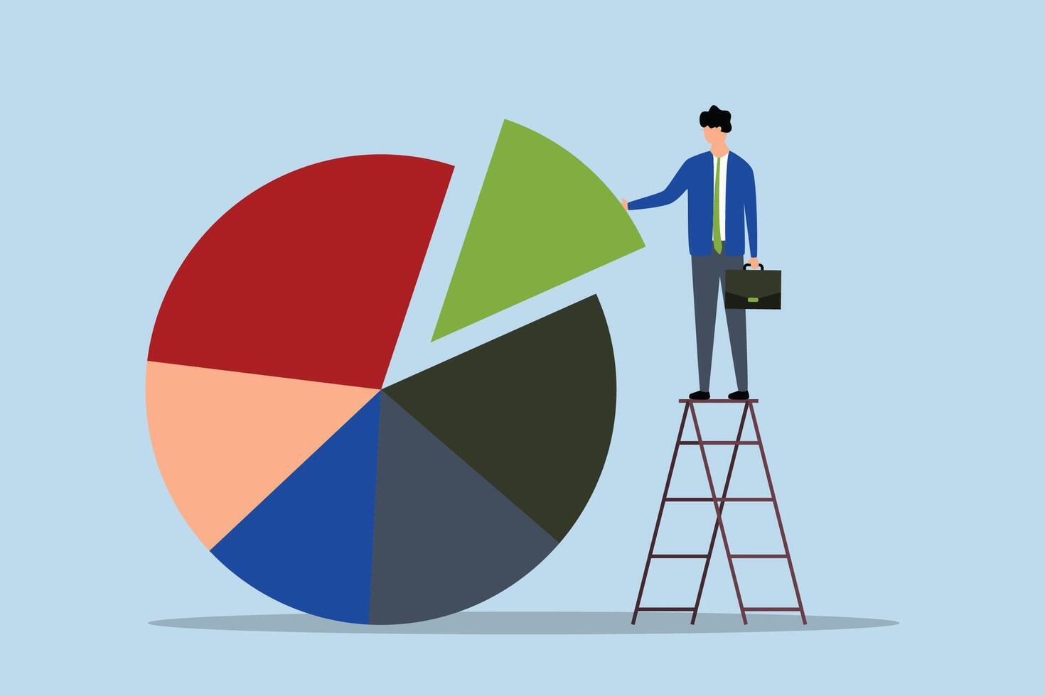 investimento risorsa assegnazione e riequilibrio, un' finanziario progettista sta su un' scala per creare un' torta grafico quello saldi un investimento portafoglio nel condizioni di rischio e Restituzione. vettore