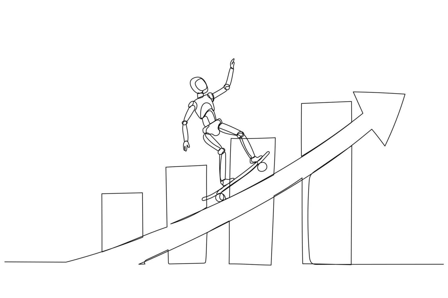 robot andare con lo skateboard su un inclinato freccia Caratteristiche bar grafici di variando altezza. esso simboleggia positivo crescita o miglioramento di attività commerciale o personale sviluppo. vettore