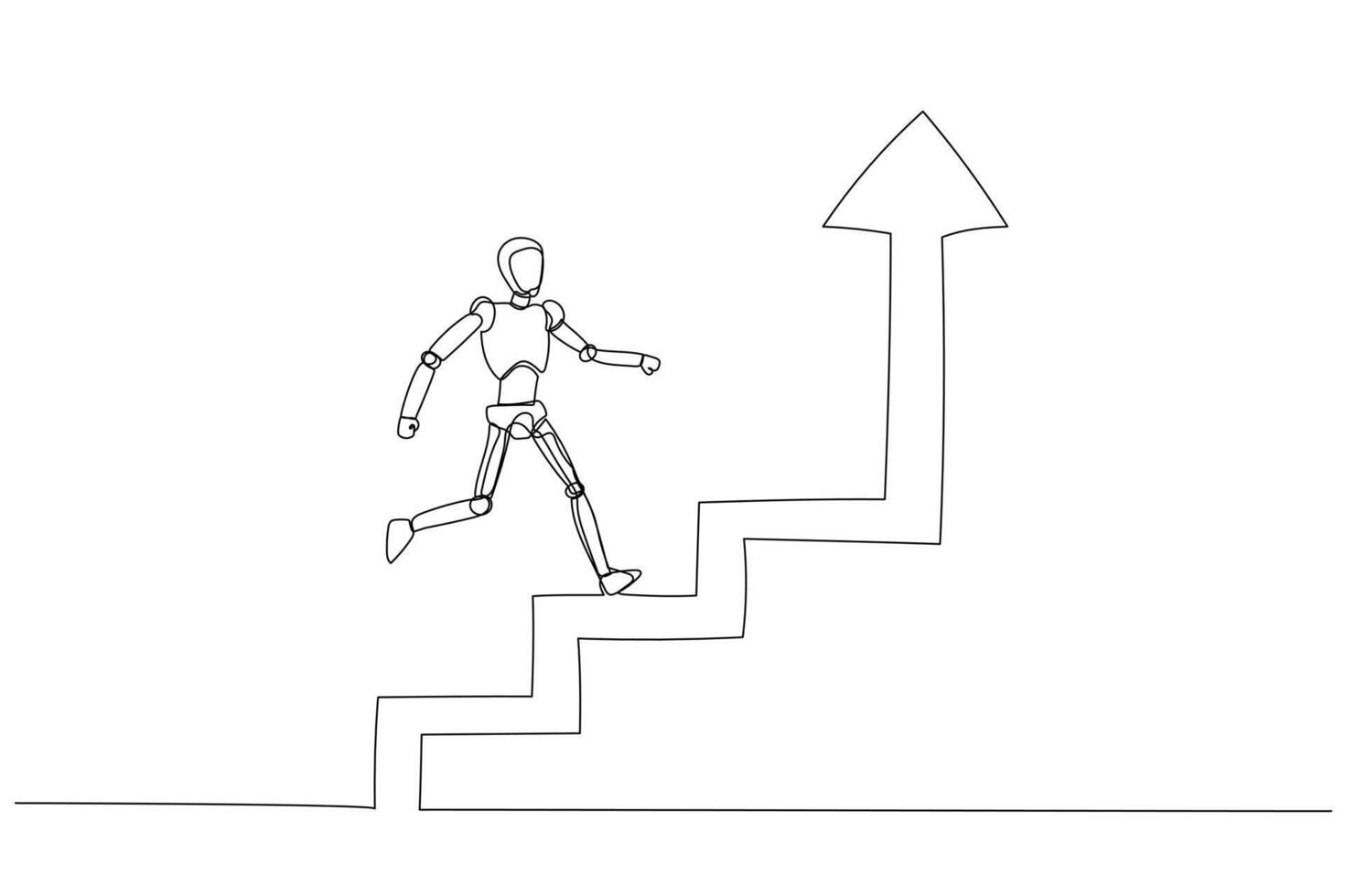 robotica o umanoide figura arrampicata verso l'alto passi, simboleggiante tecnologico progresso, se stesso miglioramento, e superamento sfide attraverso incrementale sforzi vettore