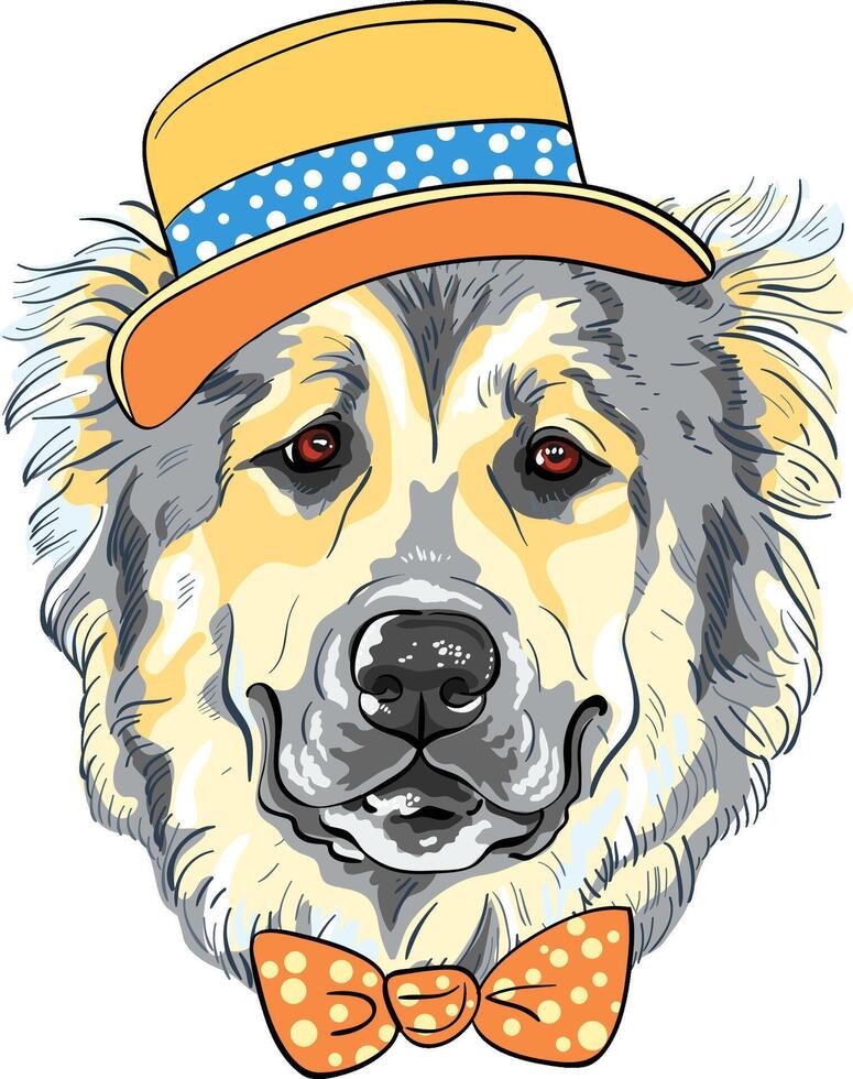 vettore cane caucasico pastore cane razza nel cappello e arco cravatta