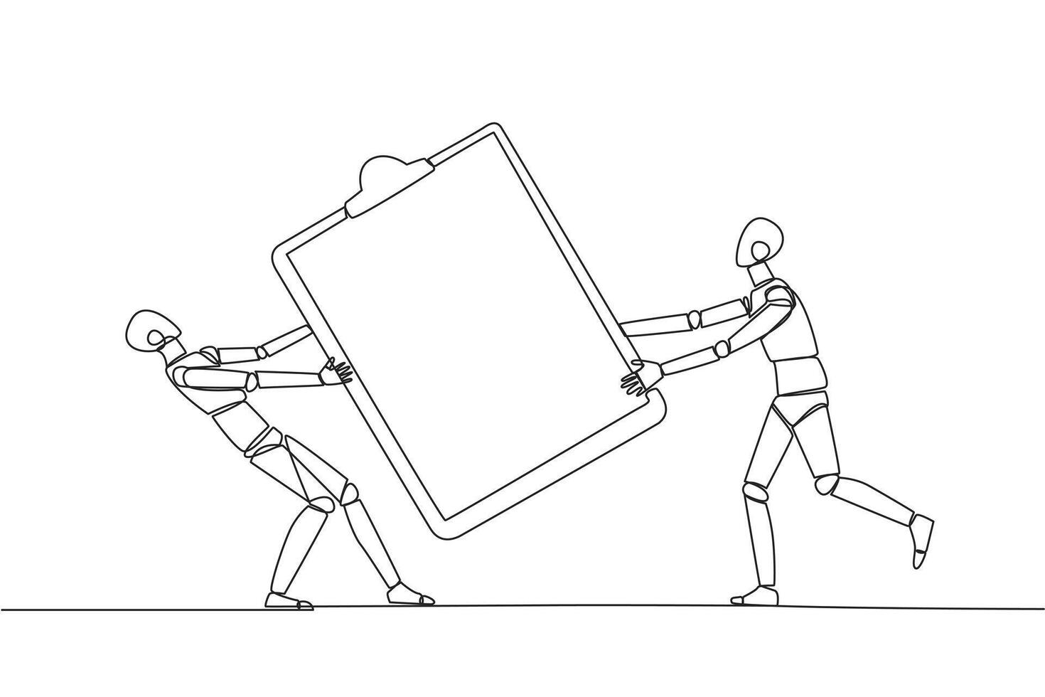 singolo continuo linea disegno Due arrabbiato robot combattente al di sopra di il grande clipboard. utile per rendere esso Più facile per dai un'occhiata rapporti. robotica conflitto. aggressivo.ai tecnico. uno linea design vettore illustrazione