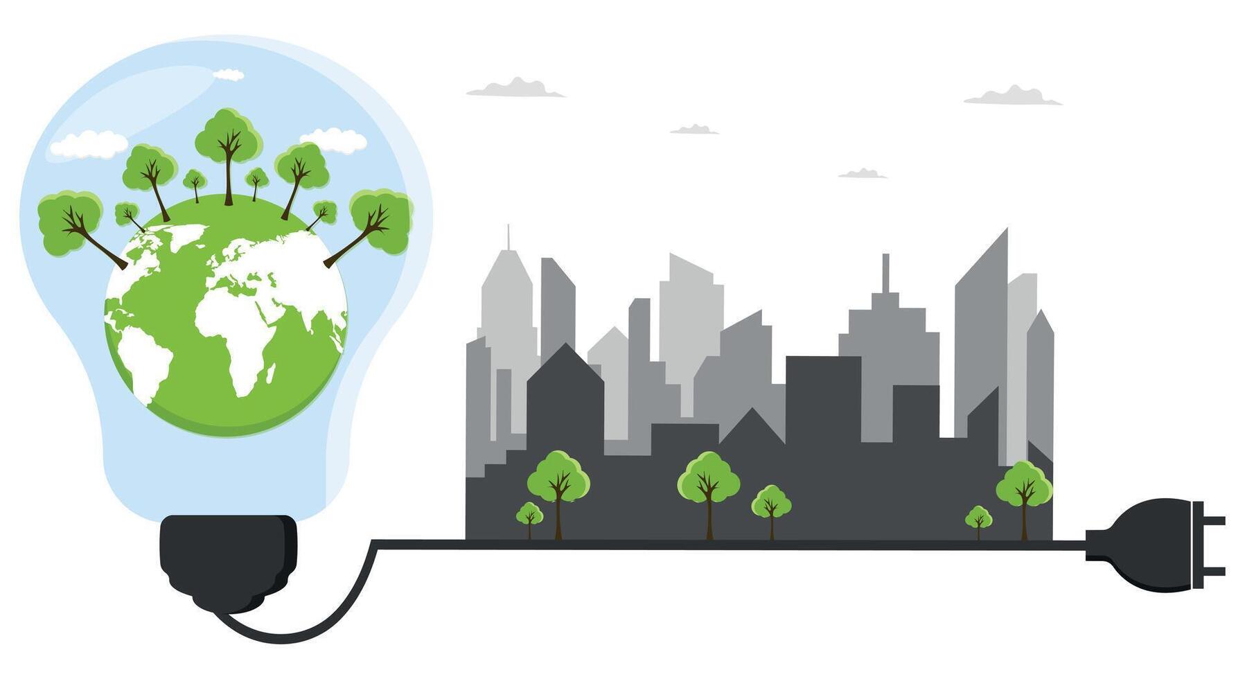 ecologia concetto, il mondo è nel il energia Salvataggio leggero lampadina verde, vettoriale illustrazione. verde eco città