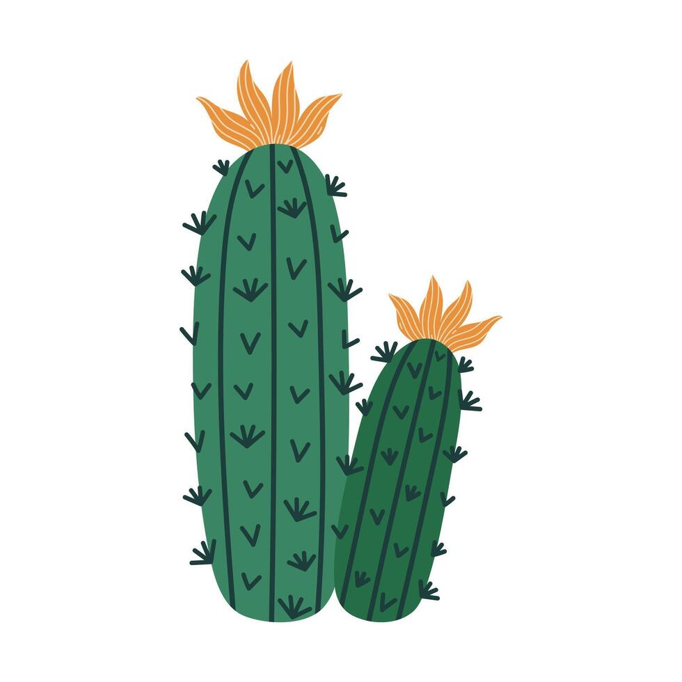 fioritura cactus vettore icona. un' spinoso esotico pianta con Due verde steli, spine, giallo fiori. interno o deserto succulento. Sud americano cereus. mano disegnato botanico scarabocchio. piatto cartone animato clipart