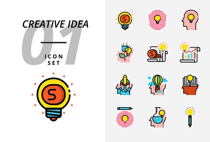 Icon pack per idea creativa, denaro, brainstorming, idea, creatività, ecologia, soldi, carta d&#39;affari, pilota, mongolfiera, razzo, libro, educazione. vettore