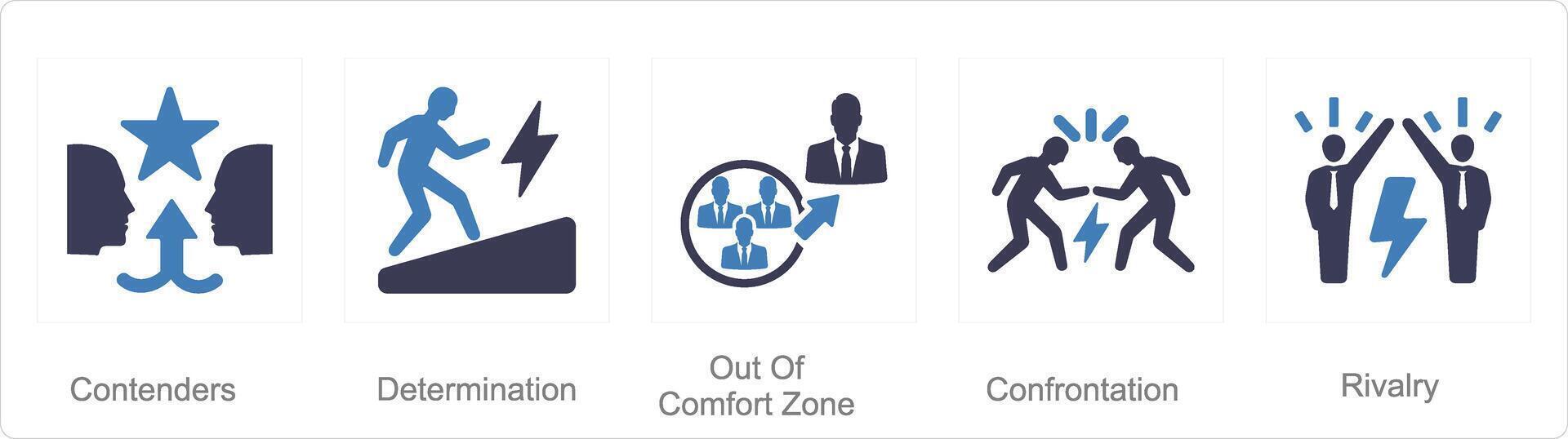 un' impostato di 5 sfida icone come contendenti, determinazione, su di comfort zona vettore