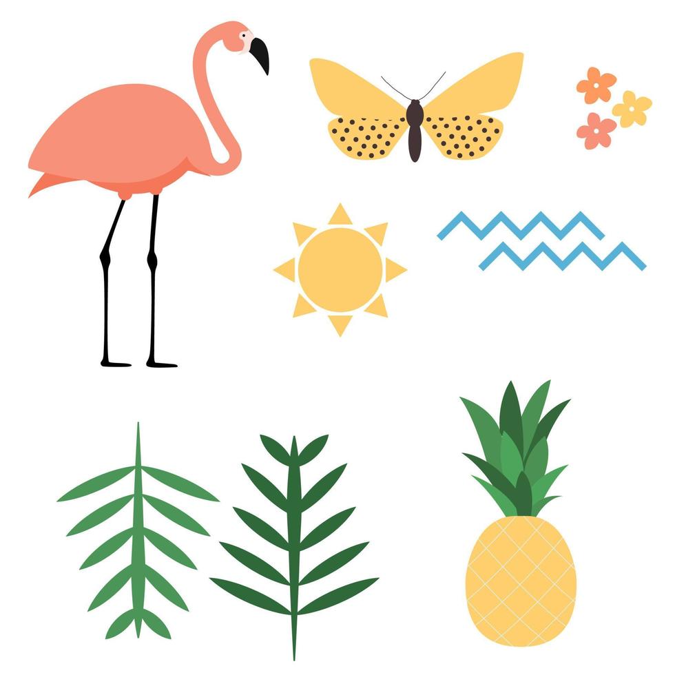 fenicottero, sole, farfalla, fiore, foglia di palma, ananas e icone delle onde del mare impostate su sfondo bianco. illustrazione vettoriale