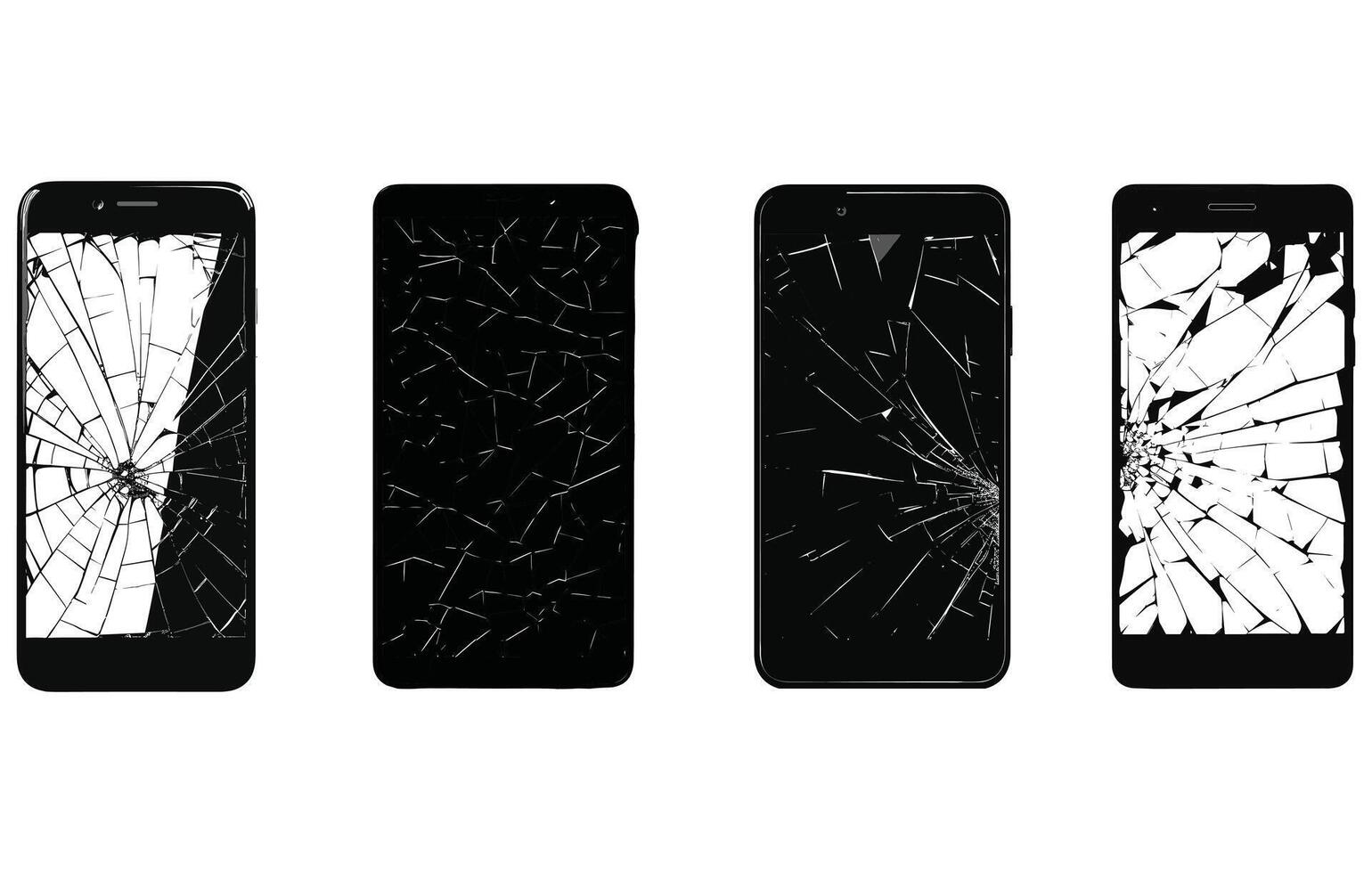 Cracked smartphone schermo silhouette, rotto Telefono schermo icona impostare. mobile crepa schermo vettore