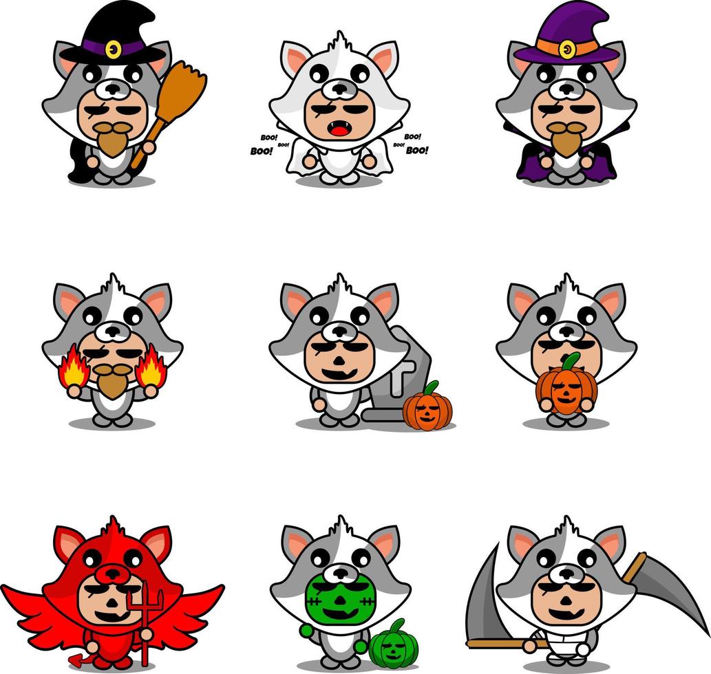 set di costumi da mascotte animale gatto simpatico personaggio dei cartoni animati di vettore halloween