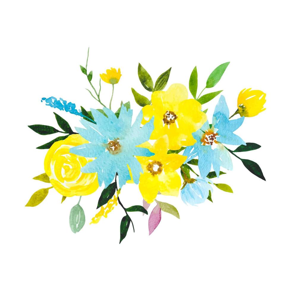 giallo blu acquerello fiore clipart floreale preparativi con fiori le foglie vettore