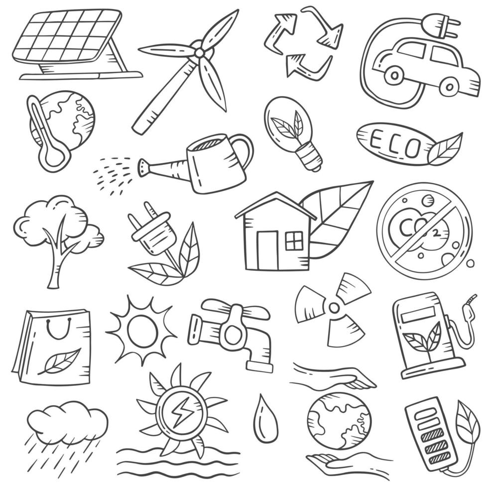 concetto di energia verde doodle collezioni di set disegnate a mano con stile contorno bianco e nero vettore