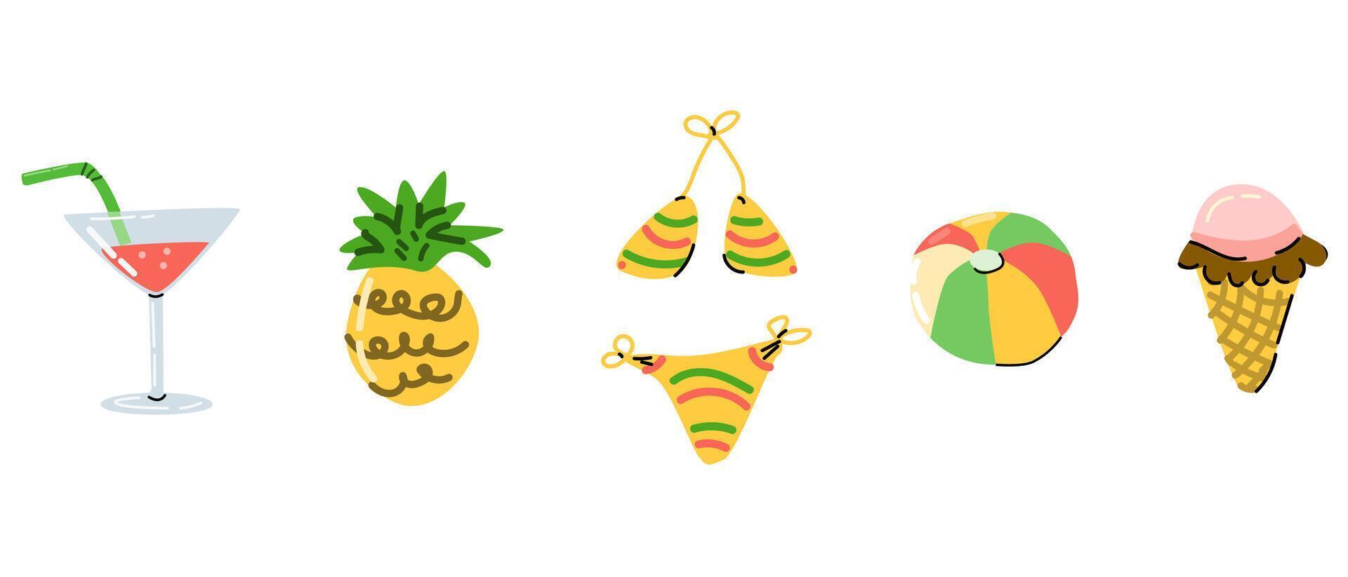 carino estate elementi per spiaggia o vacanza. vettore illustrazione di cocktail, ananas, ghiaccio crema, sfera, costume da bagno. mano disegnato vettore illustrazione per confine, adesivi, etichette.