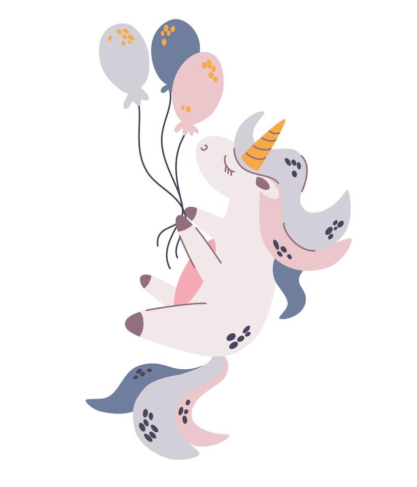 unicorno che vola su palloncini. illustrazione per bambini con un simpatico animale fantastico. perfetto per baby shower, compleanno, festa per bambini, stampe di abbigliamento. illustrazione vettoriale di tiraggio della mano.