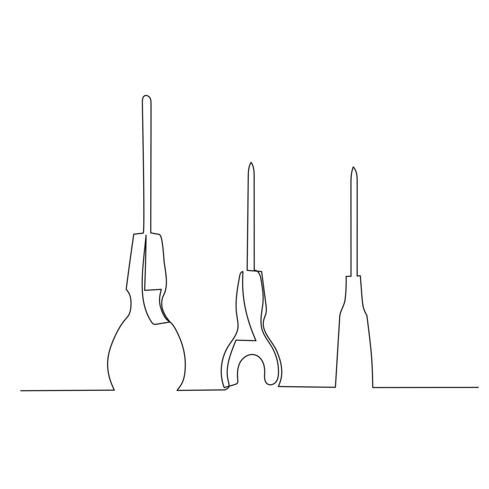 impostato di Cacciavite Strumenti. piccolo carpenteria opera nel il laboratorio e casa rinnovamento concetto design elemento. continuo linea disegno vettore. vettore