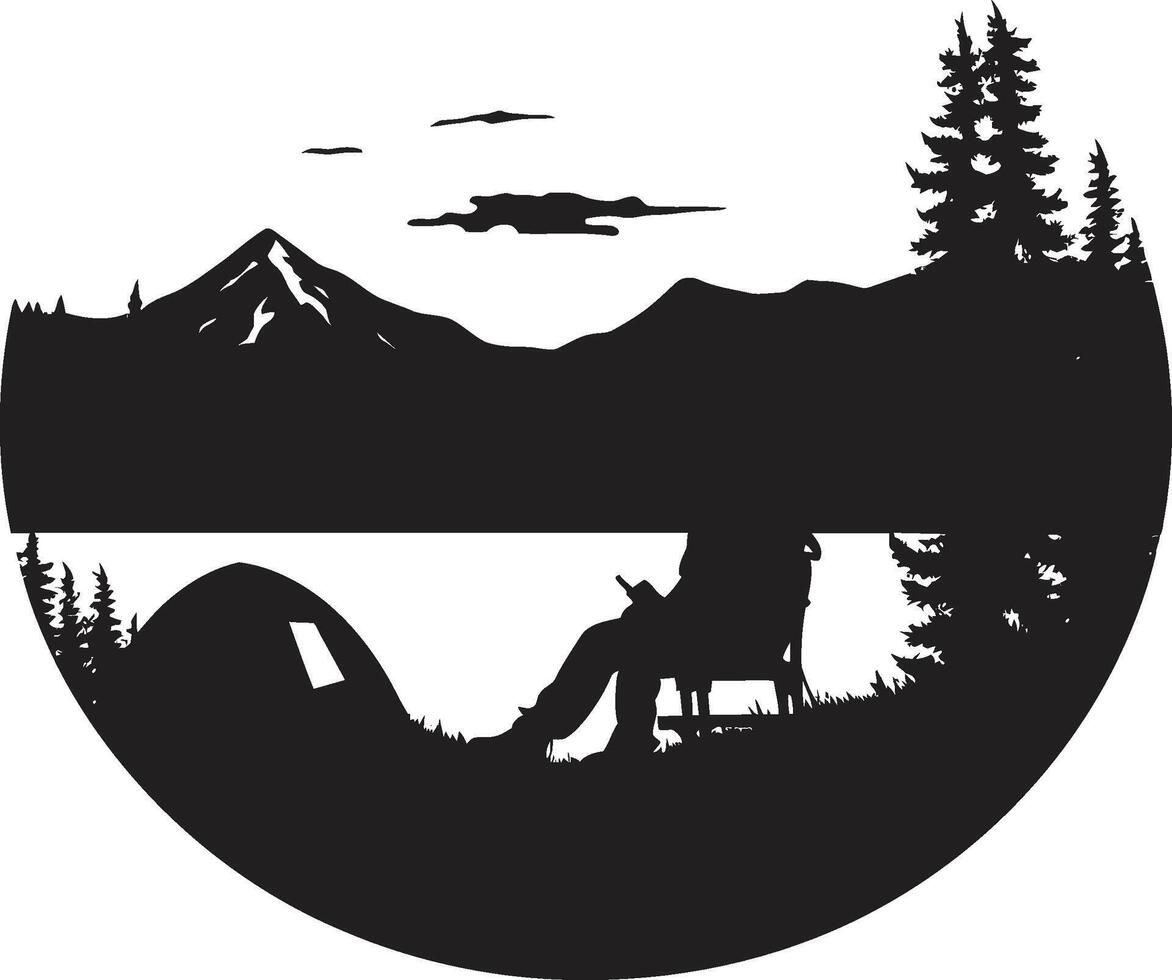 fuoco di bivacco cronache elegante monocromatico emblema per all'aperto avventure nature sinfonia nero vettore logo design icona per campeggio beatitudine