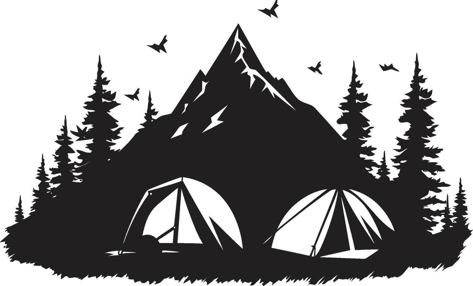 montagna maestà elegante monocromatico emblema per campeggio appassionati sotto il Aperto cielo nero vettore logo design per campeggio beatitudine